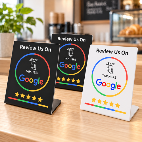 Tre stand NFC TAPQUI da banco, due neri e uno bianco, per aprire la scheda Google con un tap